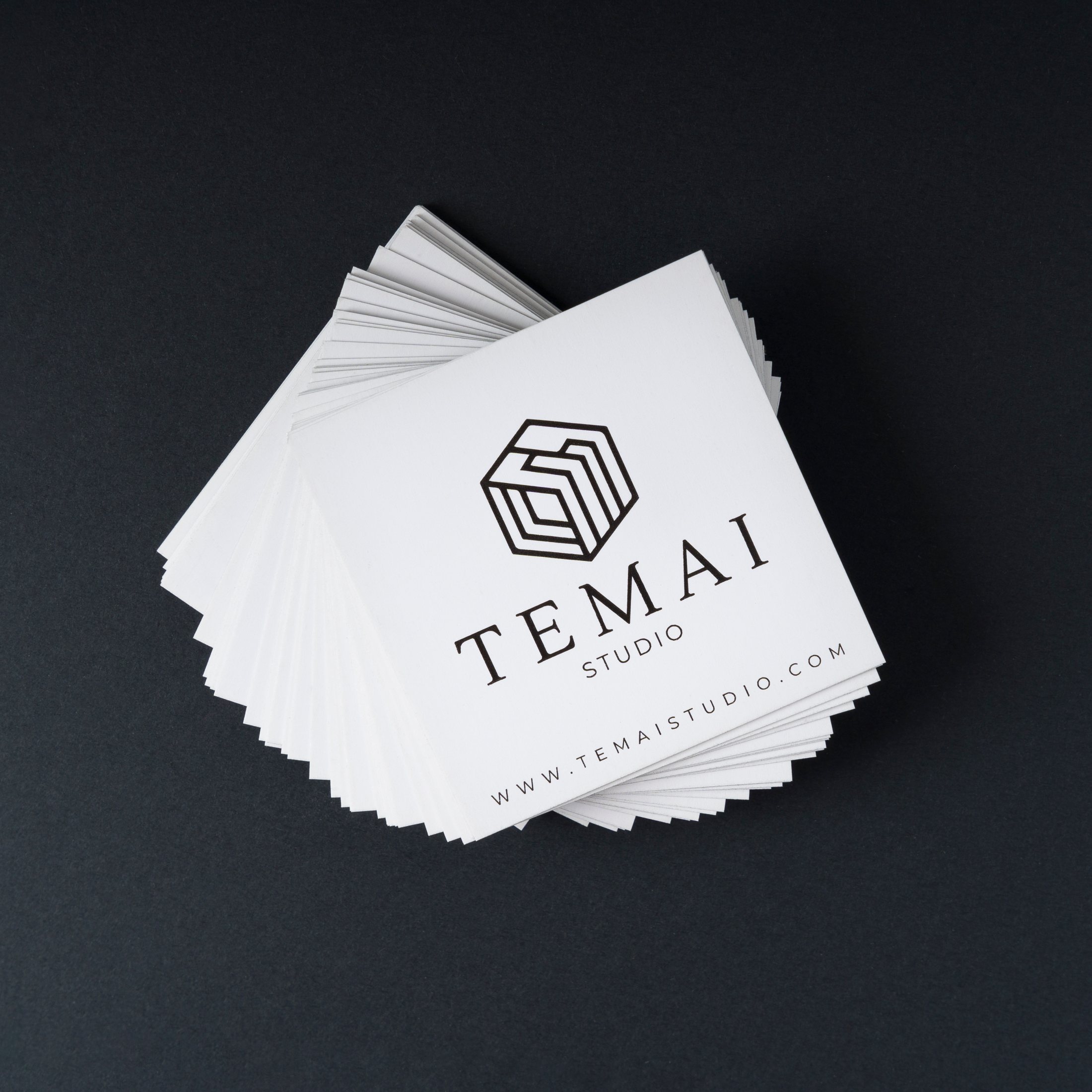 Tarjetas de visita TEMAISTUDIO desplegadas sobre un fondo negro.